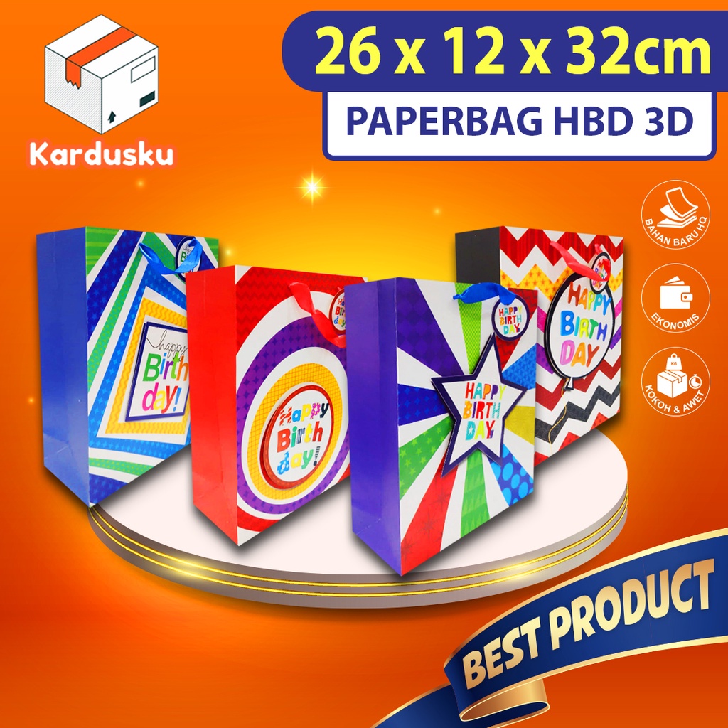 

Paper bag Kantong kertas 3D Aneka motif BIRTHDAY 26x10x32cm TEBAL import untuk kado