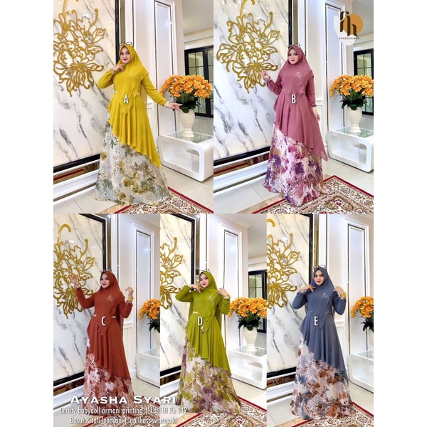 AYASHA SET SYAR'I ORI BRAND IRNA LD 110CM PB 142CM BAHAN CERUTY BABYDOLL ARMANI PRINTING BUSUI APLIK