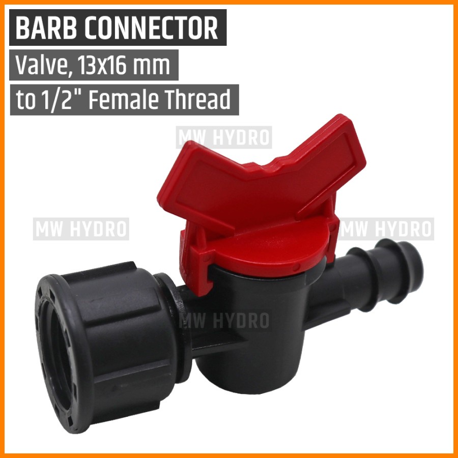 Barb Valve 1/2 inch Drat (Female/Betina) ke Selang PE 16 mm / 13 mm