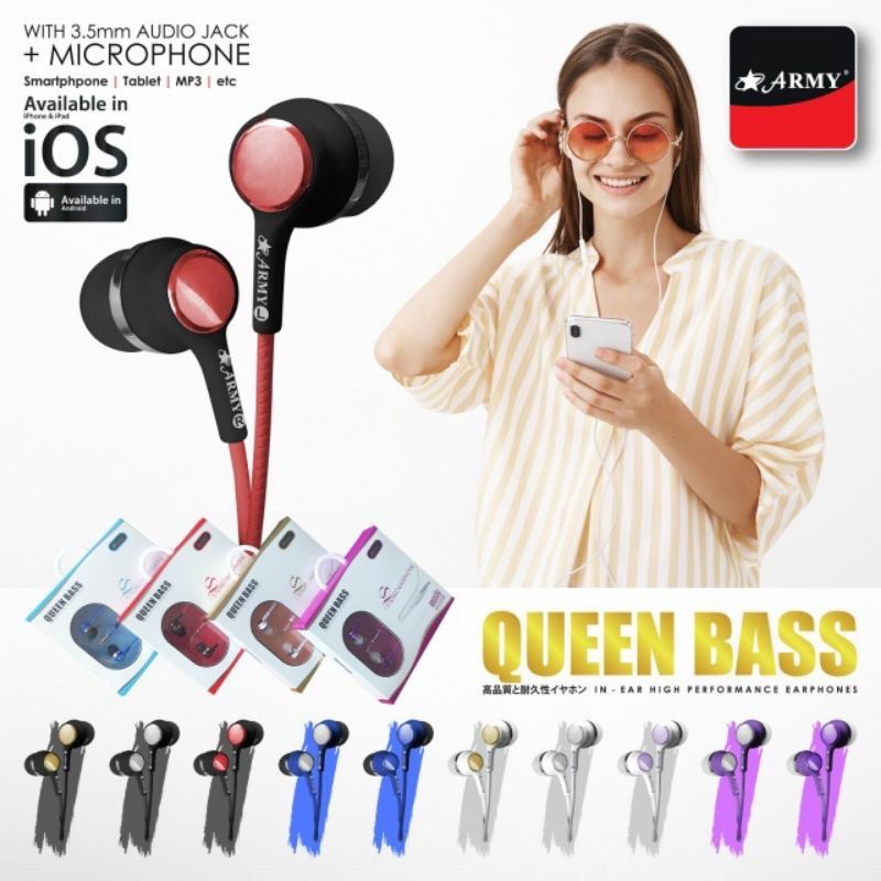 Headset Army Queen Bass Original Hansfree Handset Army Queen Bass Mic Earphone HF Army Queen Bass Or