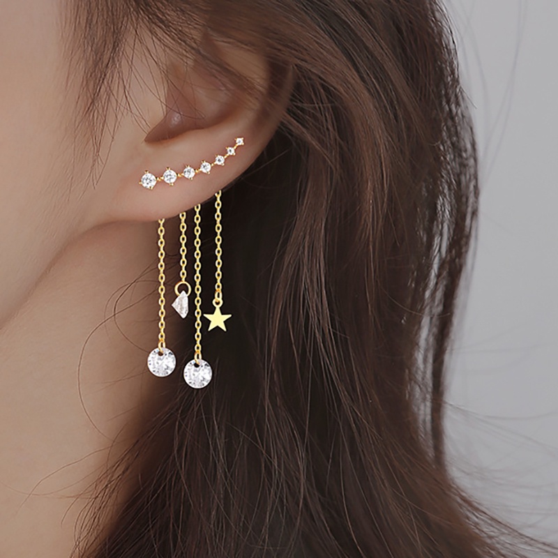Anting Gantung Panjang Tusuk Gaya Korea Motif Bintang Aksen Kristal + Rumbai Untuk Perhiasan Wanita