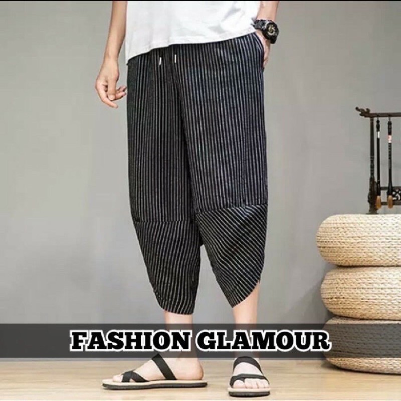 CELANA HAREM LONGGAR IMPORT 3/4 PRIA WANITA JEPANG STRIPED GARIS HARAJUKU ORIGINAL BIG SIZE M-3XL