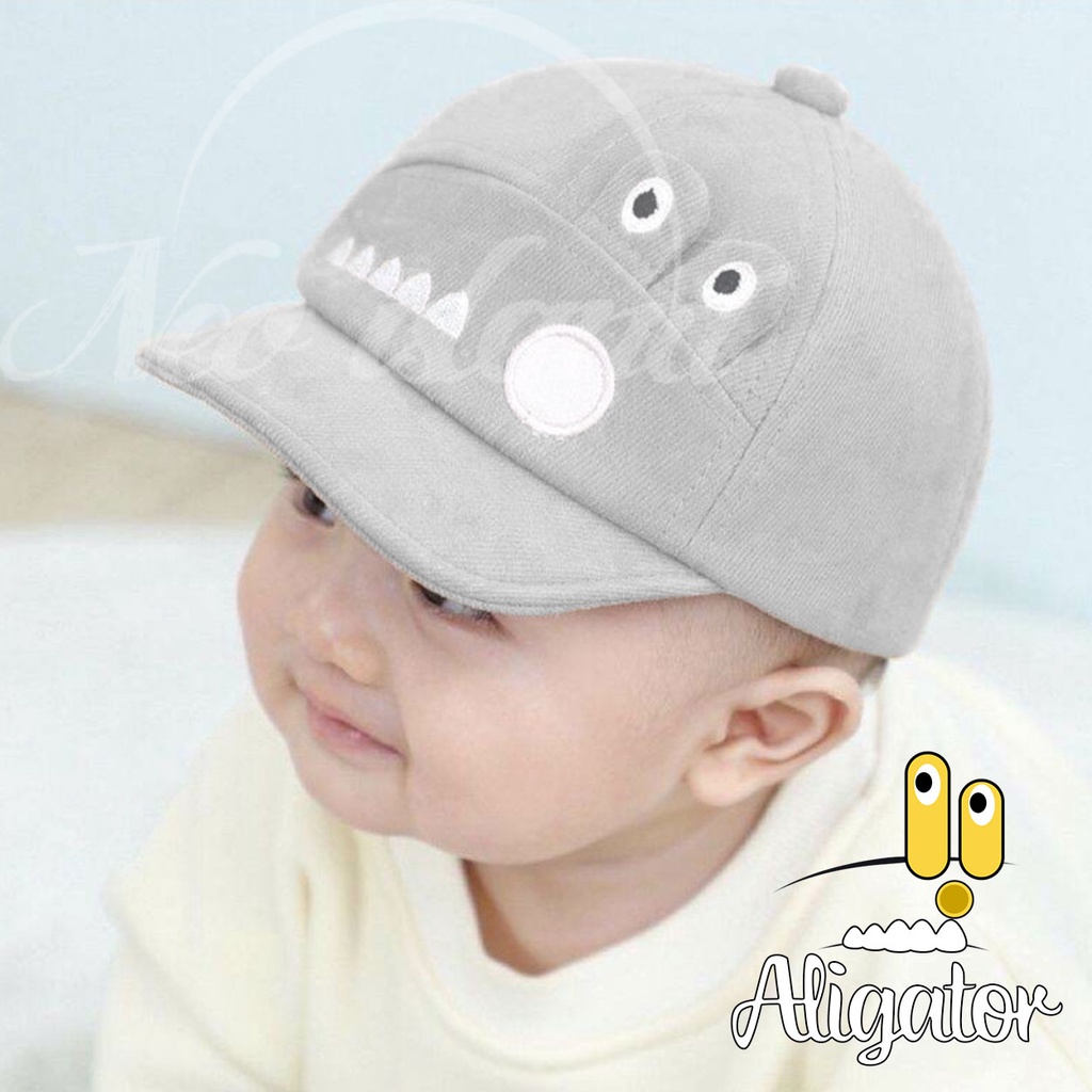 TOPI ANAK BAYI LAKI LAKI PEREMPUAN KARAKTER CRORODILE TOPI ANAK BASEBALL MOTIF ALIGATOR PREMIUM-abu muda