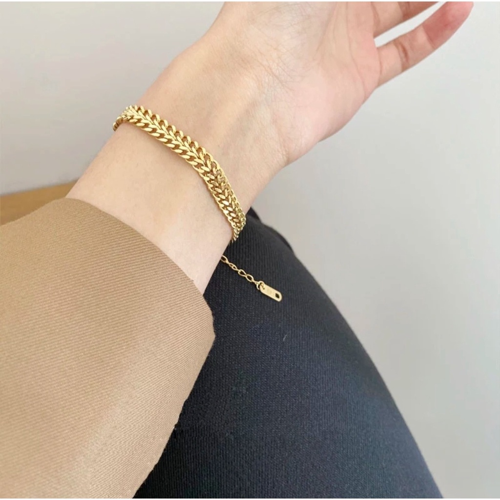 Gelang Rantai Kuba Lapisan Ganda Warna Gold