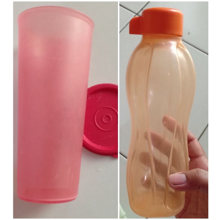 Eco bottle orange & gelas tumbler Tupperware merah (preloved)