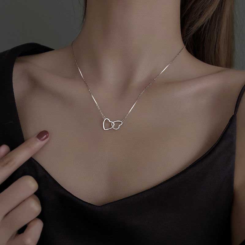 Kalung Rantai Choker Liontin Hati Ganda Bahan S925 Silver Gold Gaya Korea Untuk Wanita