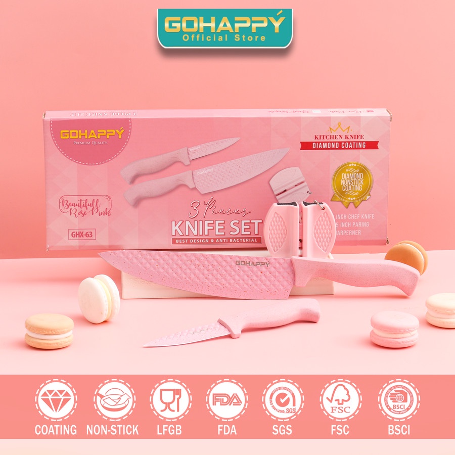 DIAMOND KNIFE SET GOHAPPY Pisau Set Diamond 3 pcs GHX63 Termasuk Pengasah tersedia warna Great tosca