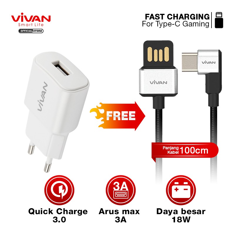 Charger Fast Charging VIVAN Casan USB Original (Power Oval 3.0) Free Kabel USB Micro/iPhone/Type C