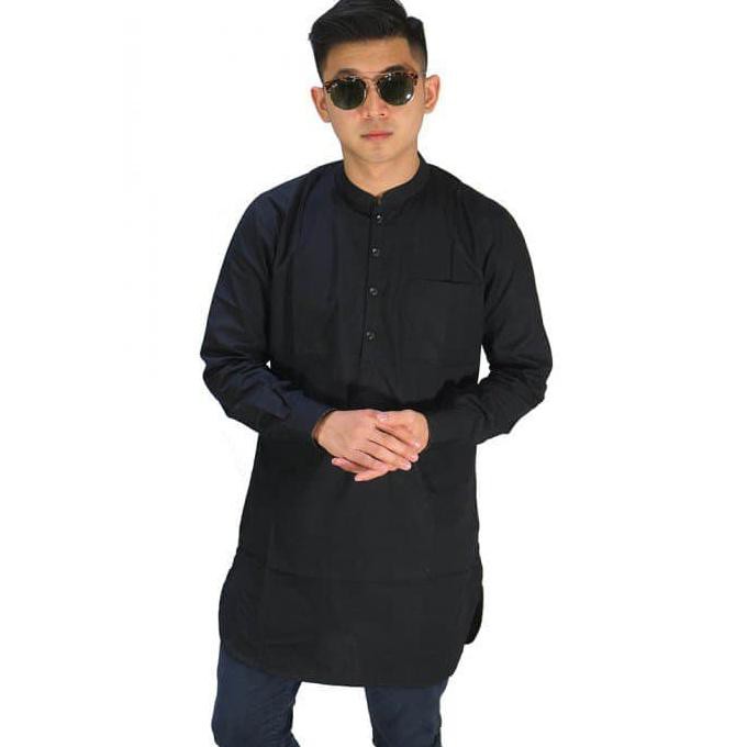 Baju Koko Gamis Pria Lengan Panjang Warna Hitam - Hitam, M