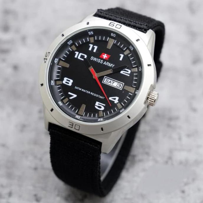 Jam Tangan Analog Swiss Army Sa005 Tali Canvas Date & Day aktif -Termurah