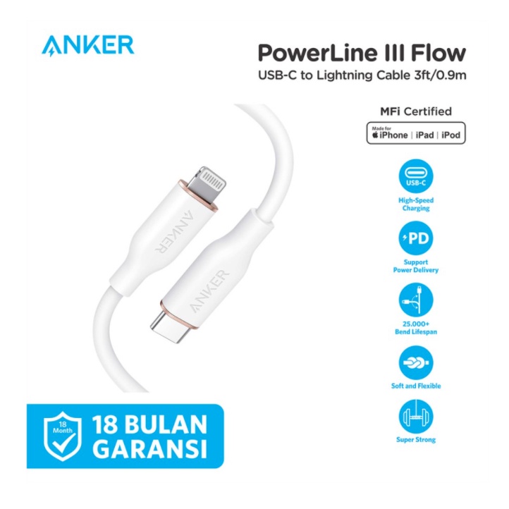 Anker Kabel Charger Powerline III Flow Type C to Lightning 3ft - A8662