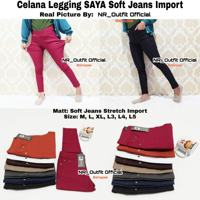 Celana Leging Saya Stretch Size M-L8 Bahan Melar Soft Jeans Tebal Tidak Nerawang Import Tregging Wanita Panjang Lejing Sport Full Karet Legging