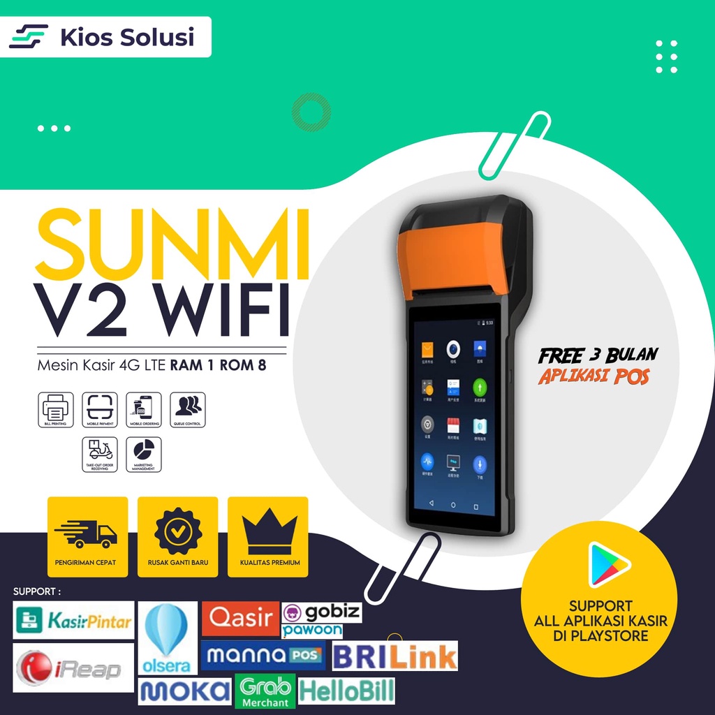 Mesin Kasir Portable SUNMI V2 WIFI + 4G LTE | Mesin Kasir Android | RAM 2GB ROM 16GB | Google Play Store