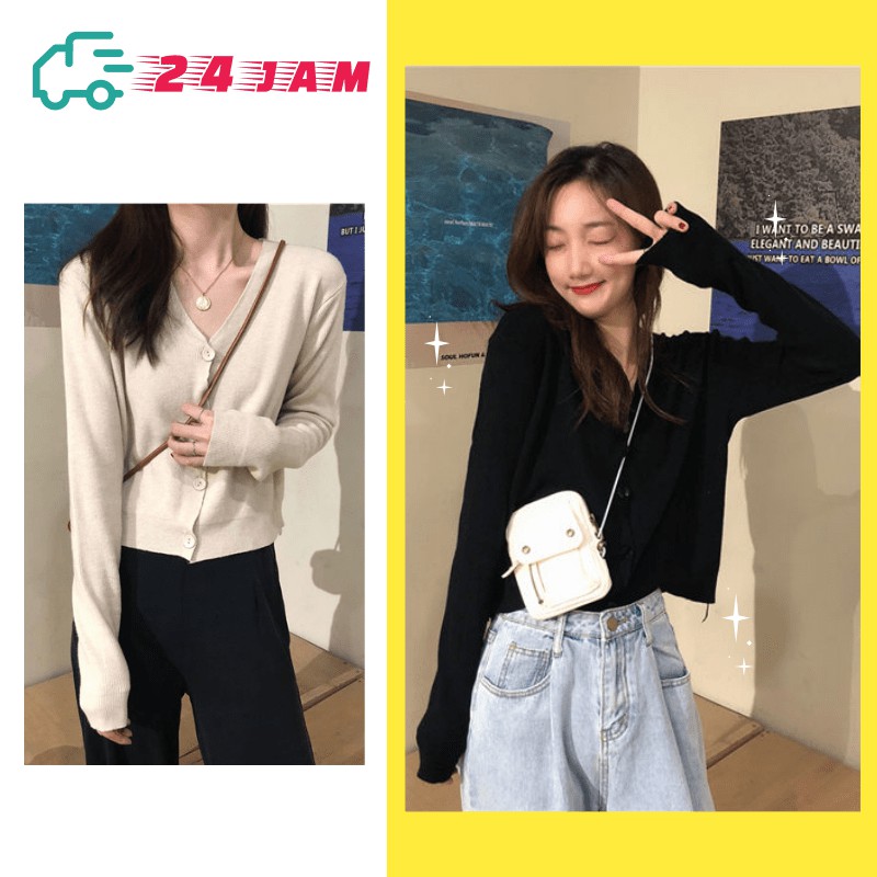 Korean style Sweater wanita rajut Baju atasan wanita lengan panjang Cardigan crop