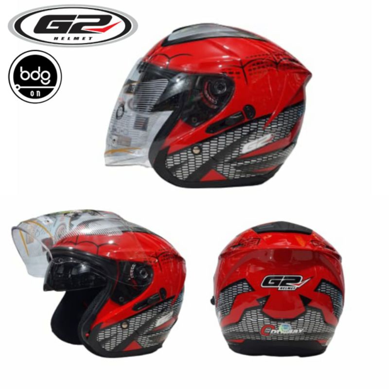 Helm G2 OPTIMAX Model Ink Dynamic Motif SPIDERMAN MERAH GLOSS Helm Half Face Double Visor Berkualita
