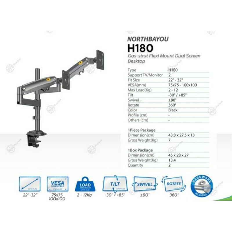 Bracket TV LCD Monitor 17&quot;-27&quot; NBH160, 22&quot;-32&quot; NB H180 Tilt Swivel Rotate