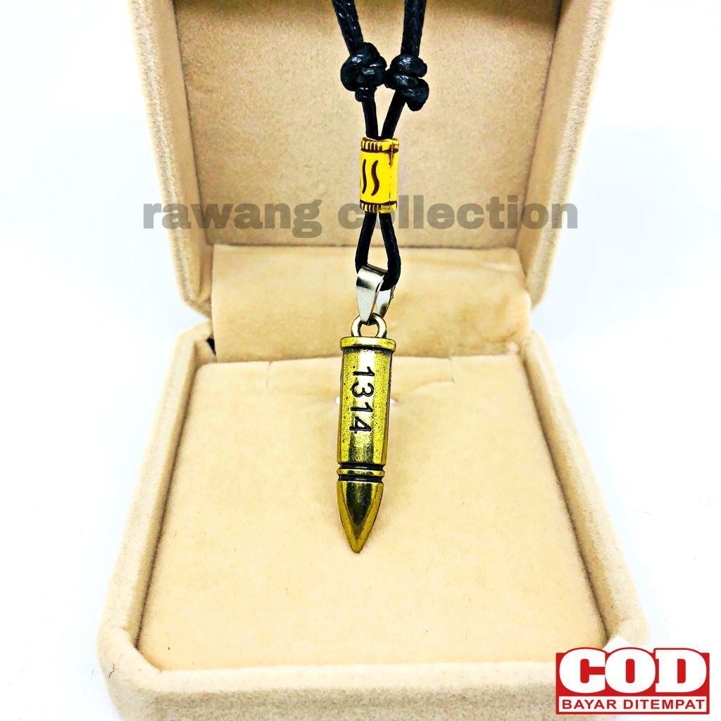 Kalung Pria Tali Hitam Bandul Pluru Gold