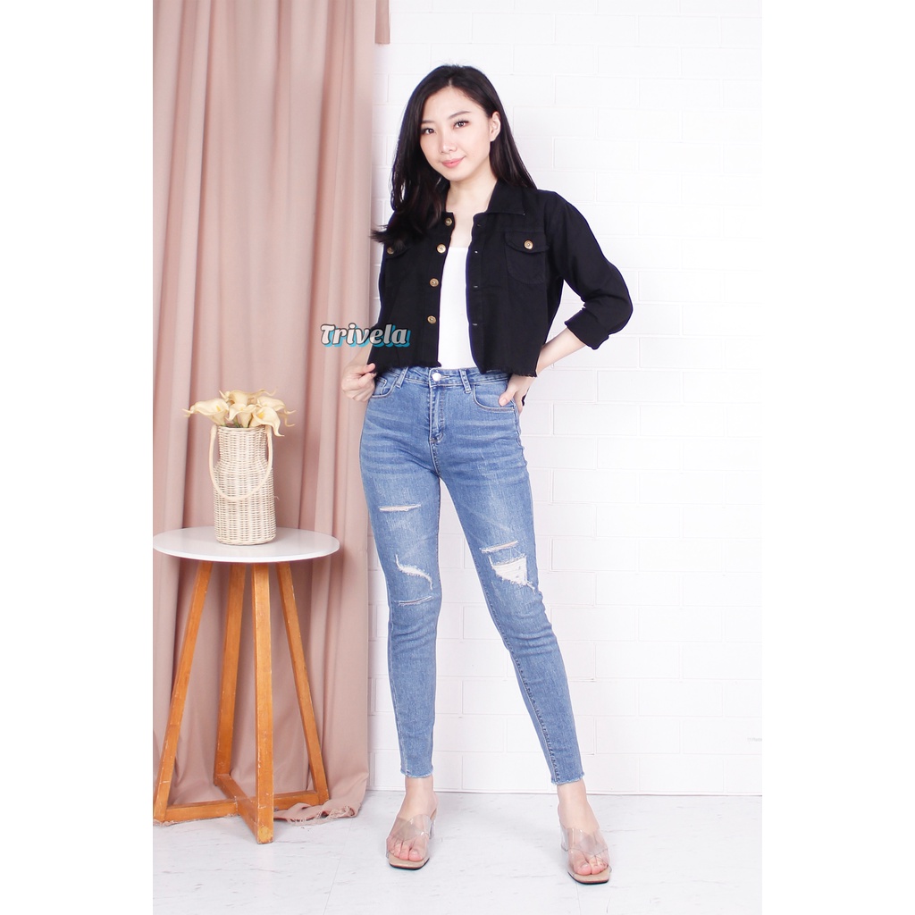 Jaket Jeans Crop Hitam Pekat / Jaket Jeans Pocket Rawis Hitam L / XL / XXL