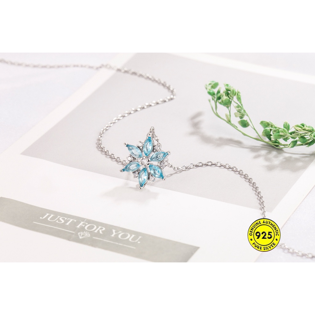 Kalung Rantai Sterling Silver 925 Liontin Snowflake Hias Berlian Biru Untuk Wanita / Musim Panas