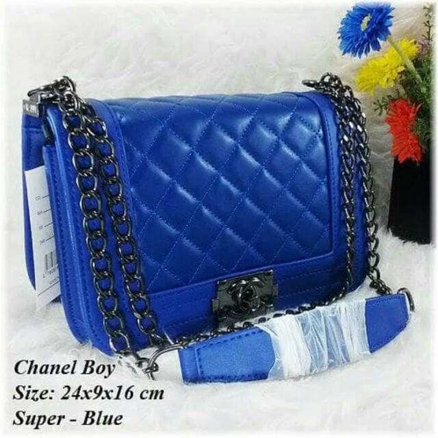 Tas Wanita Chanel Boy Fuchsia Polos Cocok Untuk Kerja Jalan Jalan Kuliah Warna Biru