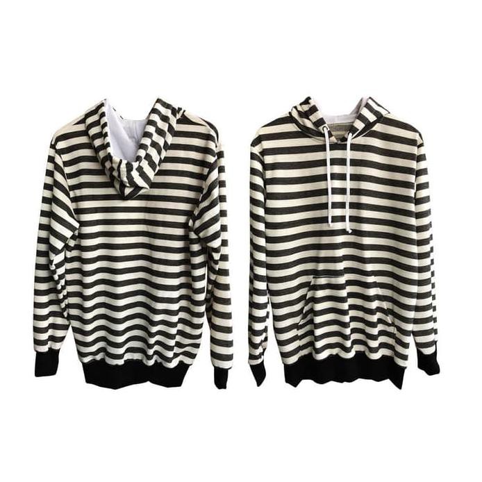 Ran Jaket Sweater Hoodie Garis Stripes Hitam Putih Premium Quality - Hitam, S