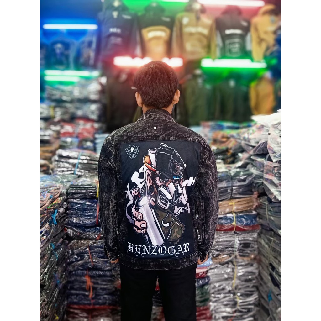 JAKET JEANS SANDWASH PRINTING/JAKET JEANS GAMBAR/JAKET JEANS PRINTING PRIA/JAKET JEANS SANDWASH HITA