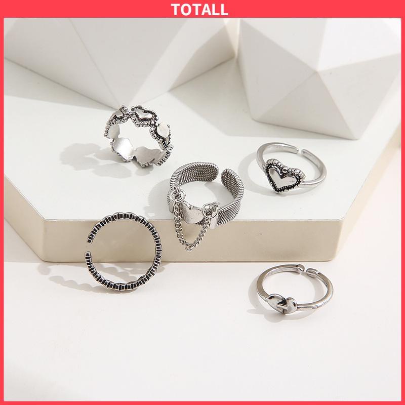 COD Cincin Cinta Terbuka Retro Sederhana Kreatif 5-piece Set Cincin Jari Telunjuk Berongga-Totall