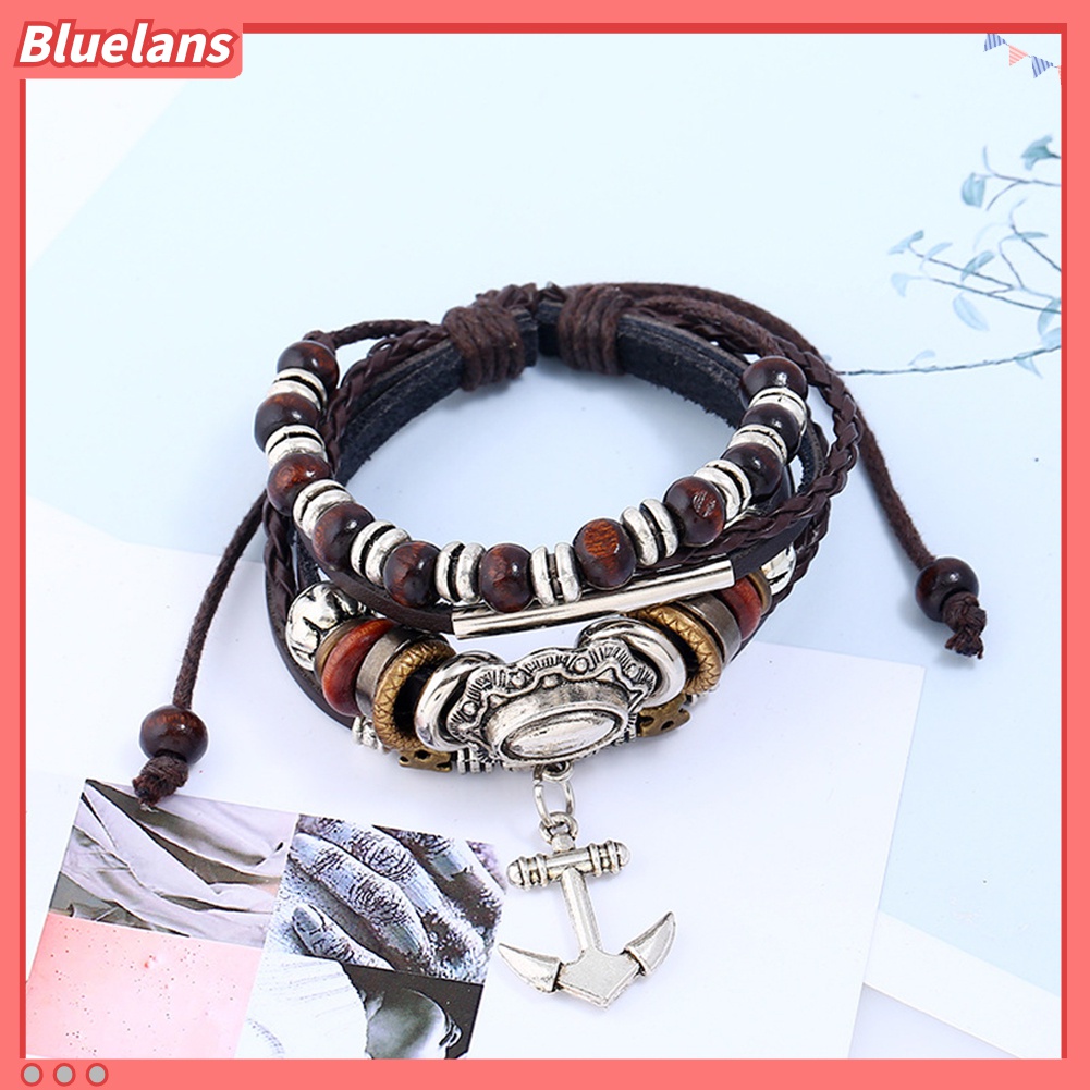 Gelang Tali Kepang Multilayer Bahan Kulit Aksen Manik-Manik Jangkar Untuk Unisex