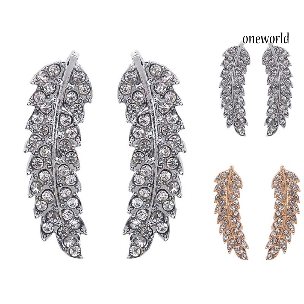 OW@ Women Full Rhinestone Inlaid Leaf Shape Stud Earrings Piercing Jewelry Gift