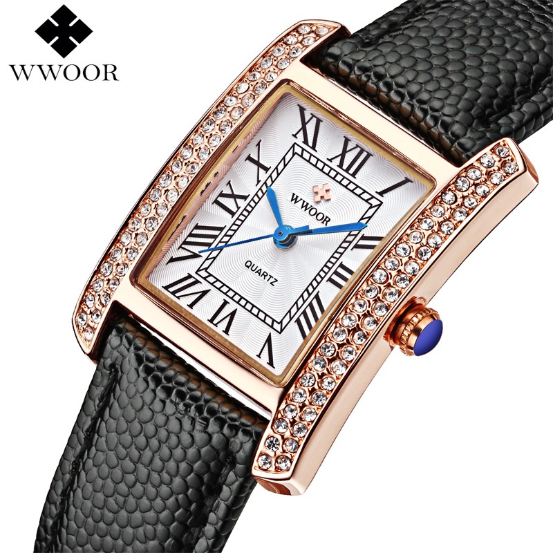Jam Tangan Klasik Wanita WWOOR 8806 Persegi Rose Black Tali Kulit Tahan Air Original