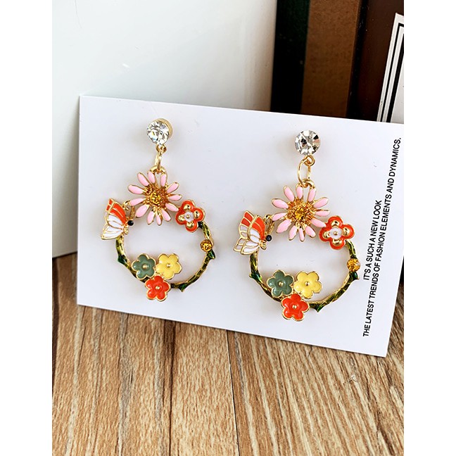 LRC Anting Tusuk Fashion Alloy Drop Oil Circle Flower Butterfly Stud Earrings F63XXX