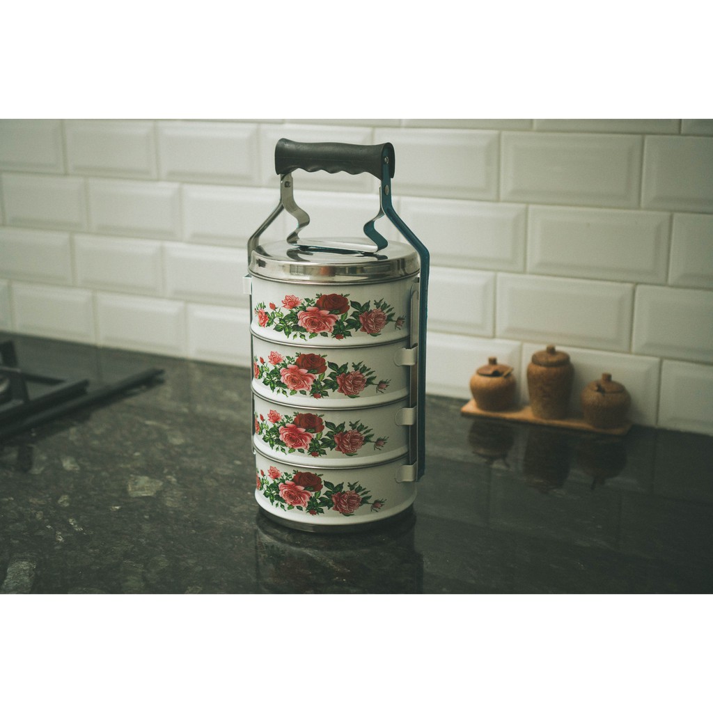 Rantang Stainless susun 4 - diameter 14cm Subron Motif Bunga