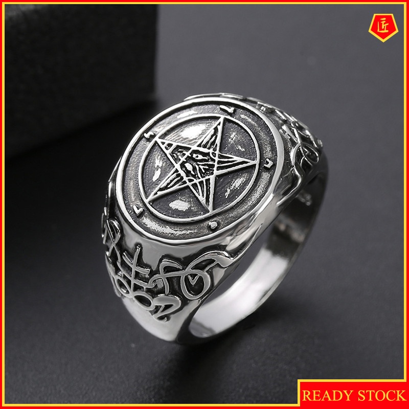 [Ready Stock]Retro Personality Silver Pentagram Band Badge Ring