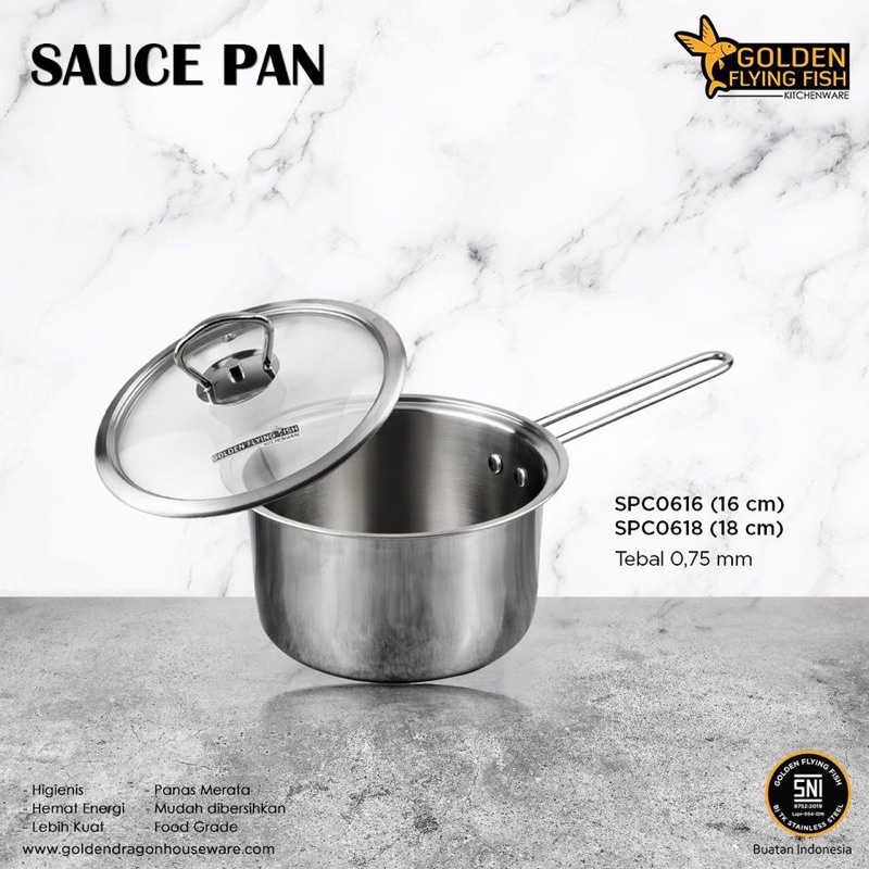 Sauce Pan Stainless Steel  - Golden Flying Fish - Food Grade Panci Indomie Tutup Kaca