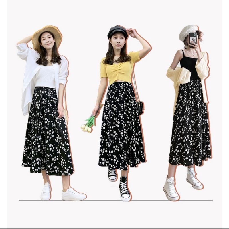 1 MIDI SKIRT A LINE IMPORT / ROK BUNGA DAISY BLACK WHITE / ROK DAILY WANITA KOREAN BAHAN SIFON-5