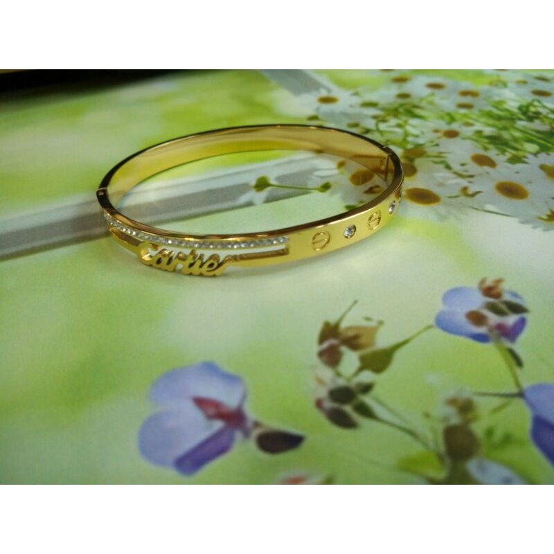 Gelang Titanium Tulisan Cartier Mata Warna Gold Chrome Emas 24k