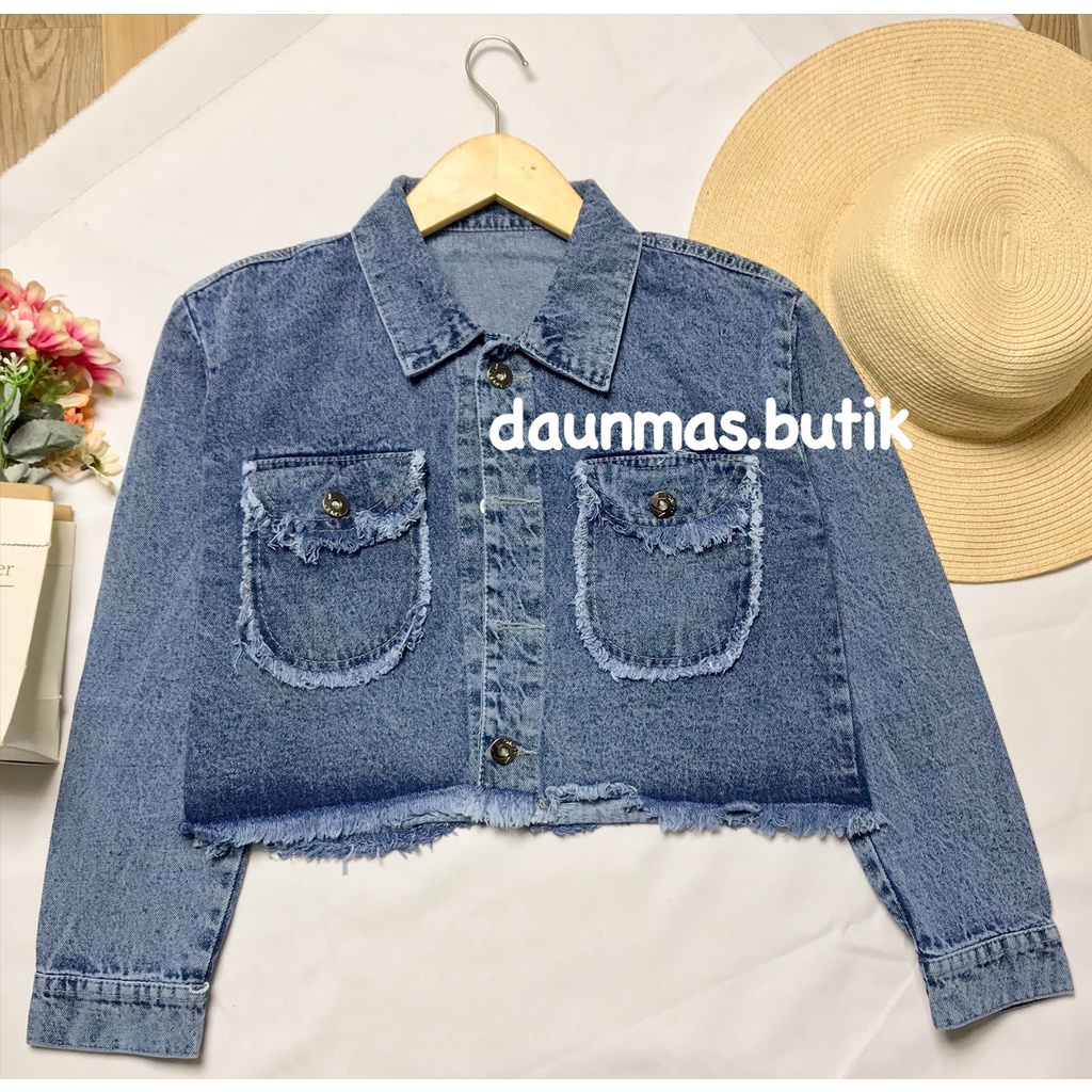 1KG MUAT 2PCS | YAYA CROP JAKET DENIM ACID SNOW FRINGE PREMIUM TEBAL OZ 13