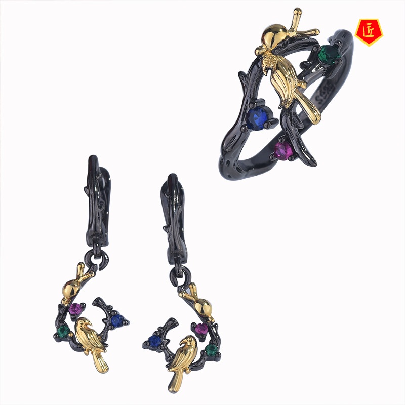 [Ready Stock]Creative Snail Climbing Trees Diamond Stud Ring Black Gold Earrings