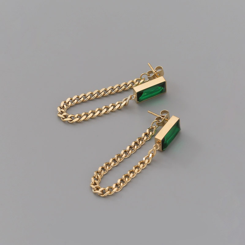 Anting stud rantai zircon hijau titanium anti karat