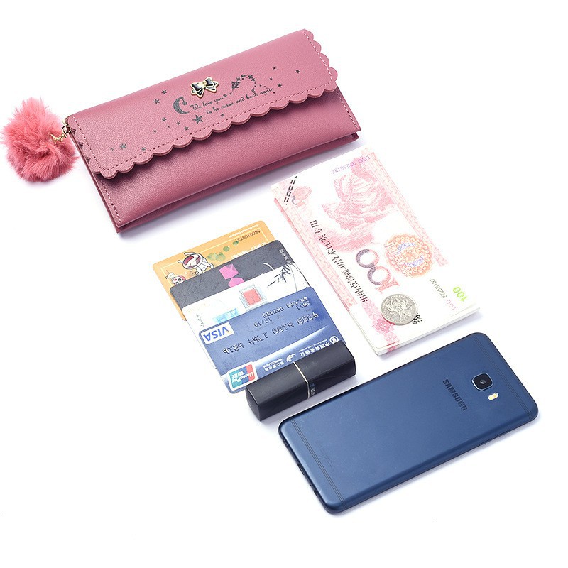 (Fy)DOMPET PANJANG WANITA FREE POM-POM WOMEN WALLET KOREAN STYLE TERLARIS MURAH