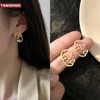 【COD Tangding】Abstract Simple Hollow Out Face Earrings Korea Ins New Fashion Earstuds Gold Color