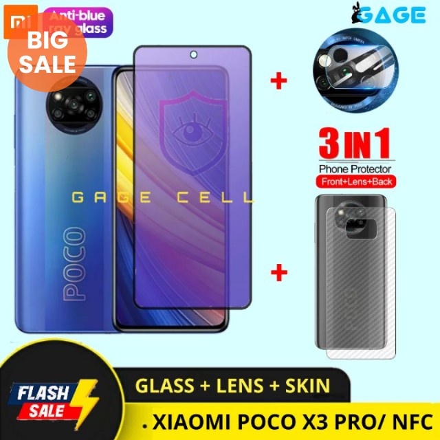 PAKET 3IN1 TEMPERED GLASS ANTI BLUE LIGHT XIAOMI POCO X3 NFC PRO FULL SCREEN PROTECTOR PREMIUM