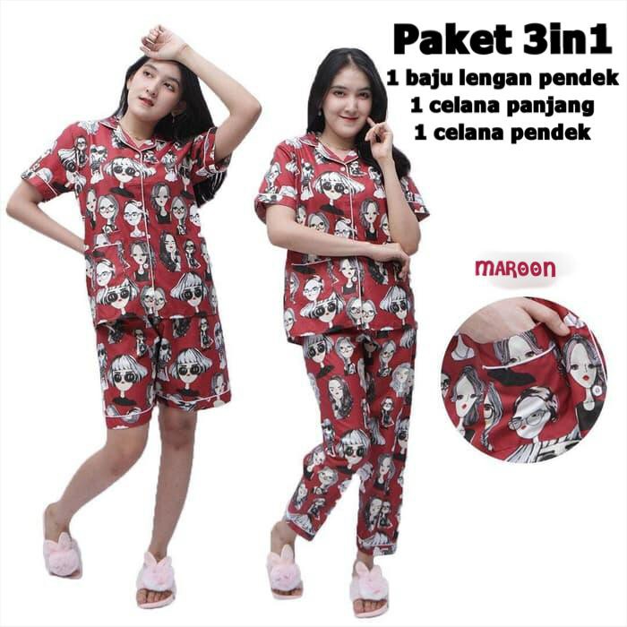 JNV Piyama Dewasa CP 3in1 Motif Karakter Kartun 01 - Baju Tidur 3in1 - Bahan Katun-Retro Maroon