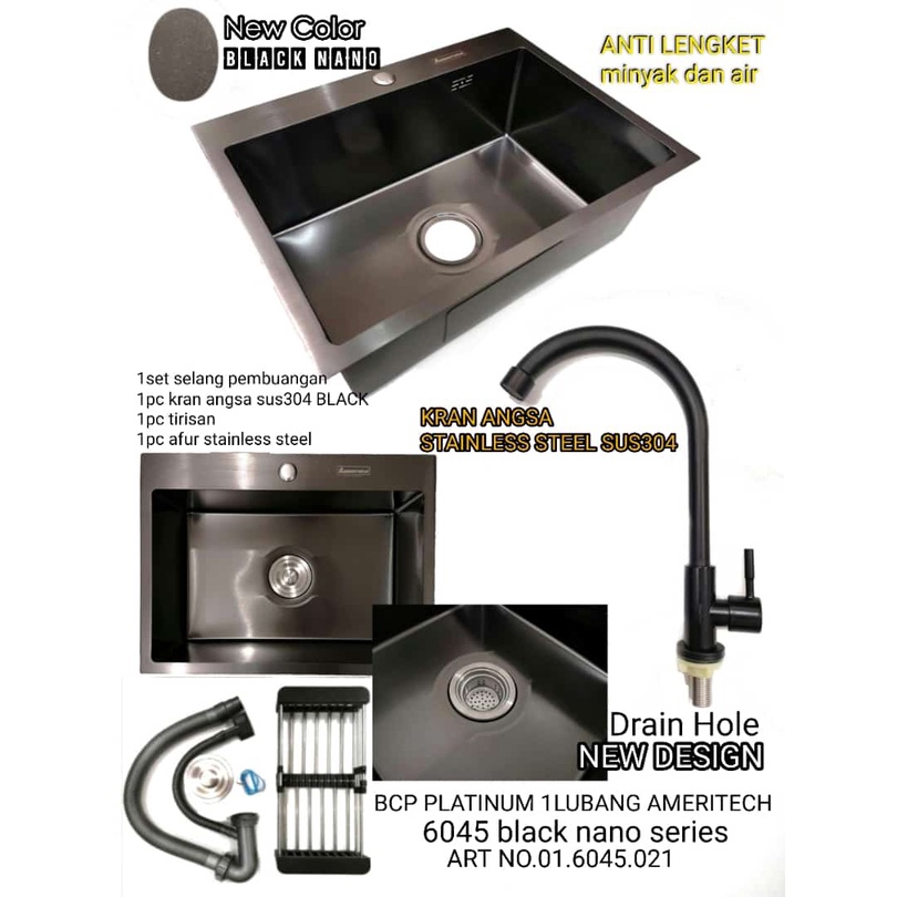 Kitchen Sink / BCP Single Black Nano Stainless Ameritech- MEDAN - 68 X 45