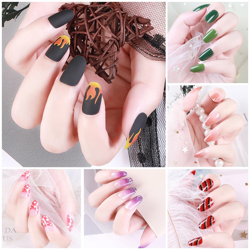 F033 ~ F048 24pcs / Kotak Kuku Palsu Full Cover Panjang Untuk Nail Art