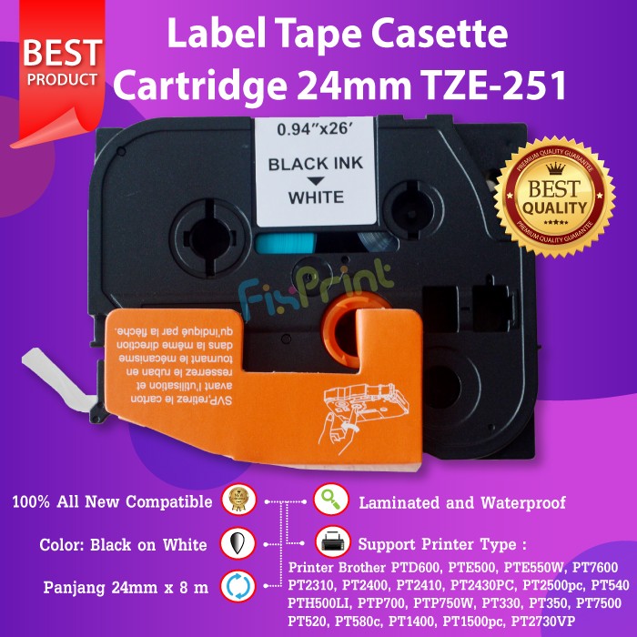 Brother Label Tape TZE-251 24mm Black On White TZe251 TZe 251 Casette