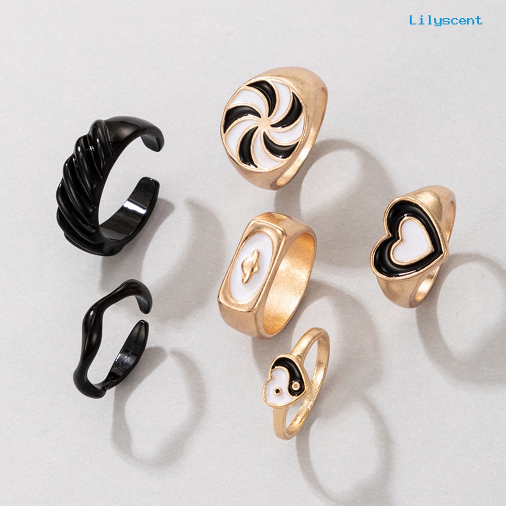 6pcs / Set Cincin Jari Model Terbuka Dapat Ditumpuk Bentuk Hati Kincir Angin Untuk Unisex