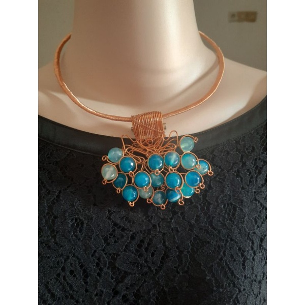 Kalung choker handmade wire tembaga batu biru