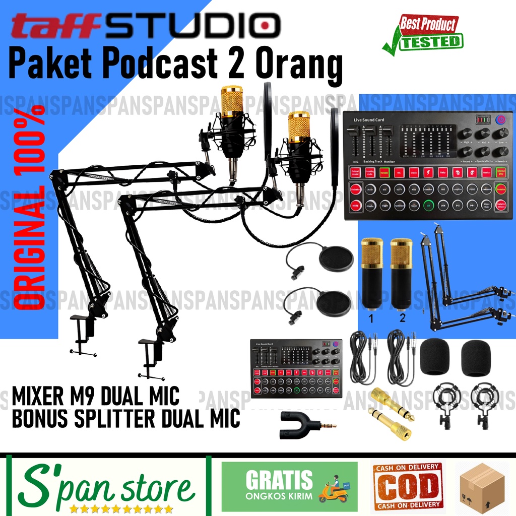 PAKET PODCAST 2 Orang Mic Microphone Bm800 Bm8000 Mixer M9 Stand Arm
