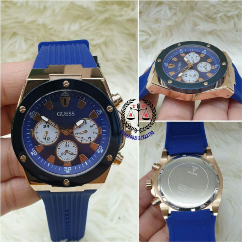 JAM TANGAN PRIA GUESS CRONO RING STEEL TALI RUBBER KUALITAS ORIGINAL